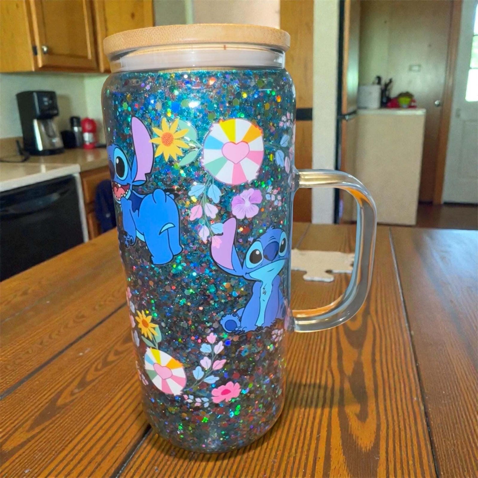 Floral Stitch Glass Tumbler with Handle 16 OZ