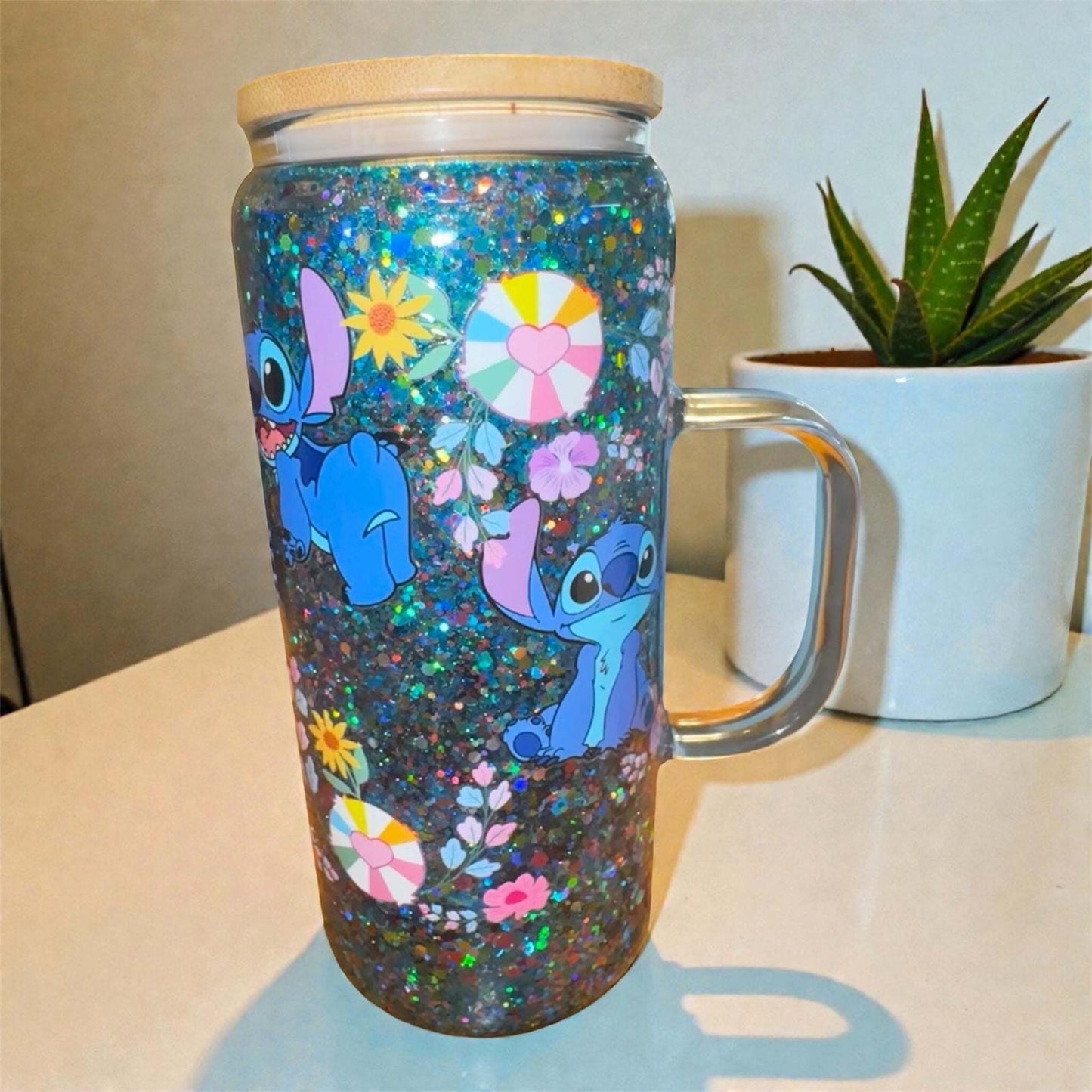 Floral Stitch Glass Tumbler with Handle 16 OZ
