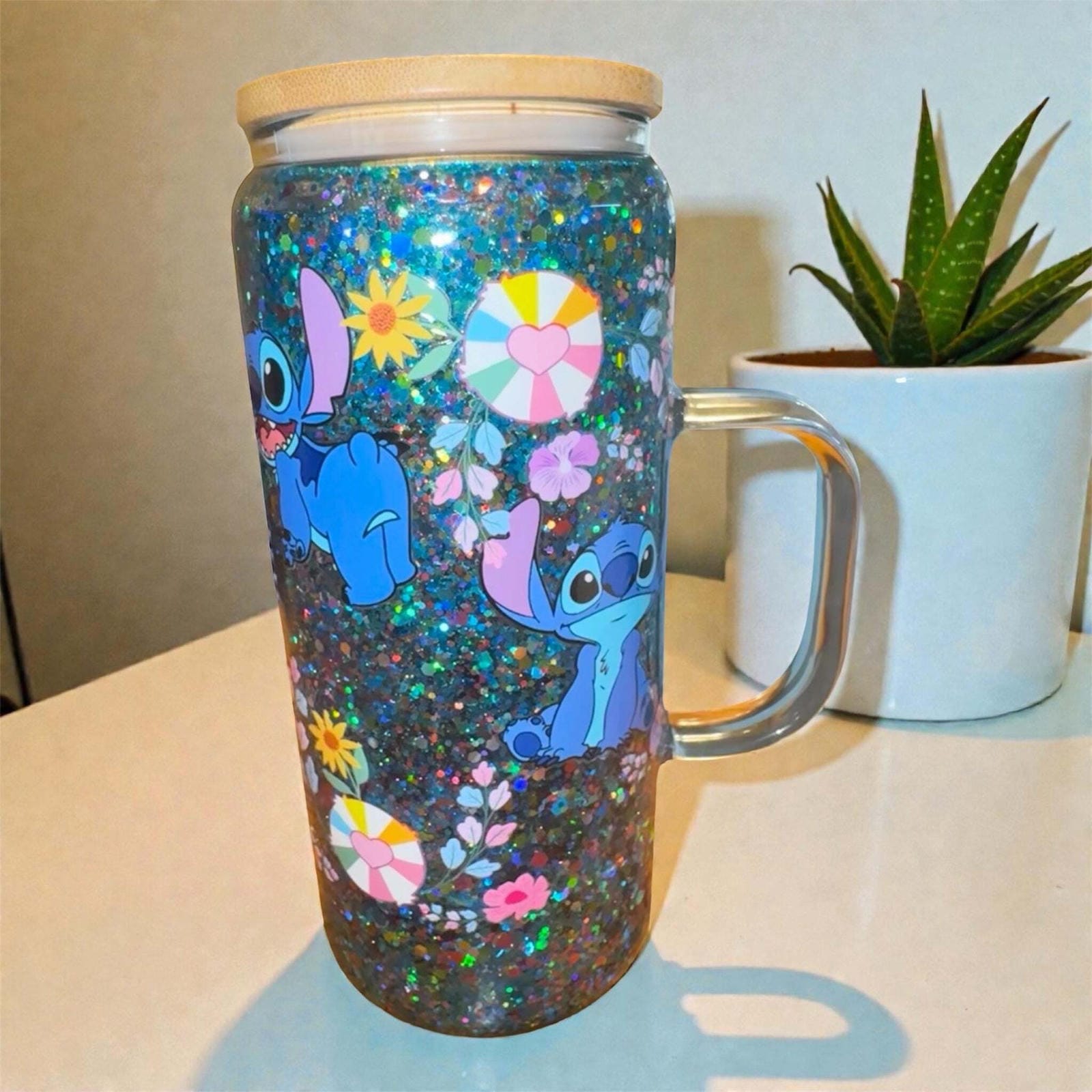 Floral Stitch Glass Tumbler with Handle 16 OZ