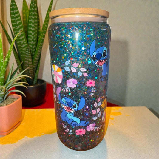 Floral Stitch Glass Tumbler with Handle 16 OZ