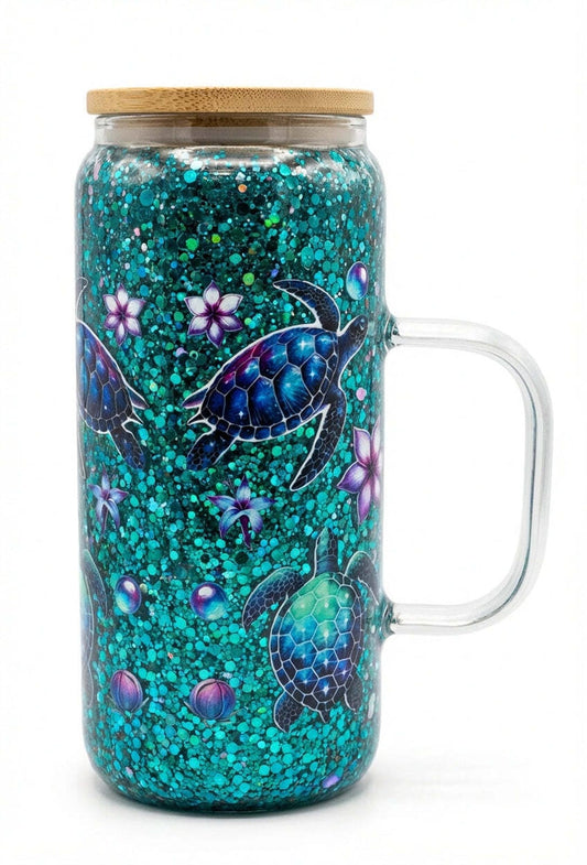 Sea Turtle Floral 16 oz Glass Tumbler